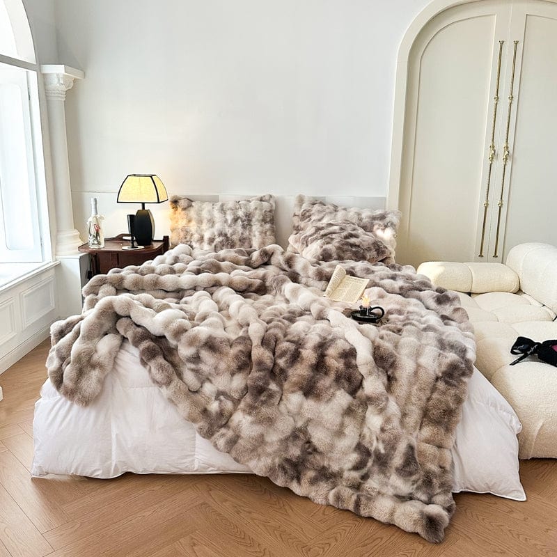 Tie Dye Rabbit Faux-Fur Blanket Throw in Brown & Beige
