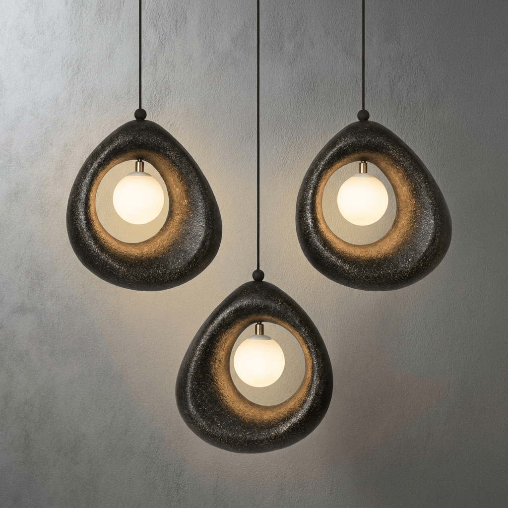 Circular Wabi Sabi Pendant Light in White & Charcoal Brass