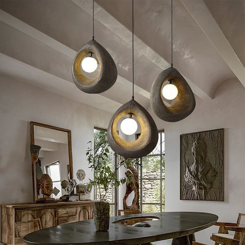 Circular Wabi Sabi Pendant Light in White & Charcoal Brass
