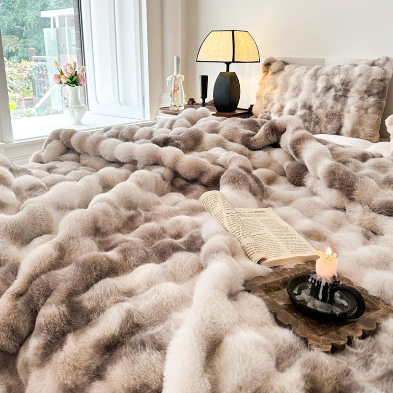 Tie Dye Rabbit Faux-Fur Blanket Throw in Brown & Beige