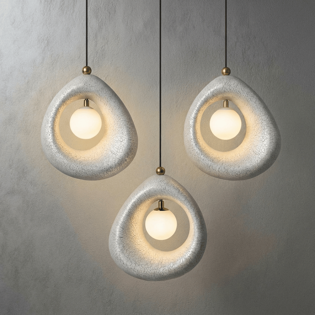 Circular Wabi Sabi Pendant Light in White & Charcoal Brass