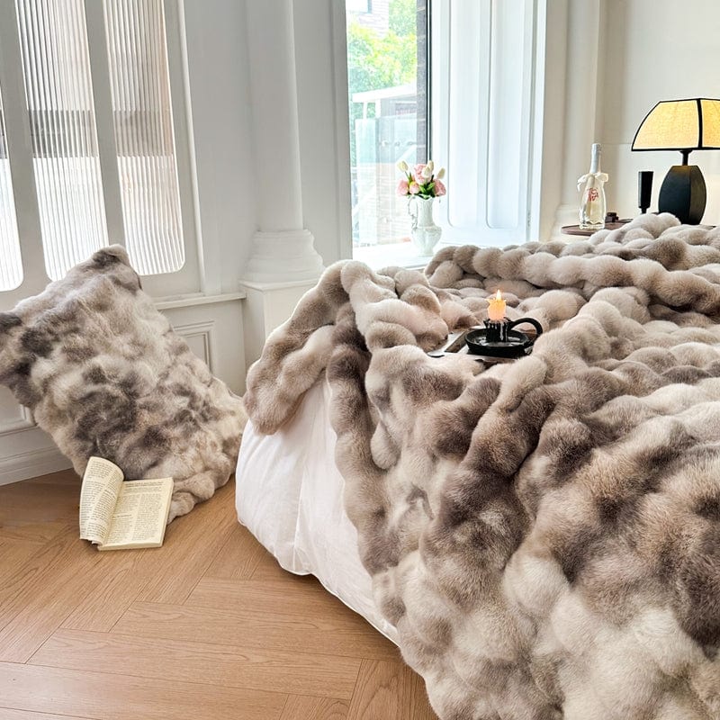 Tie Dye Rabbit Faux-Fur Blanket Throw in Brown & Beige
