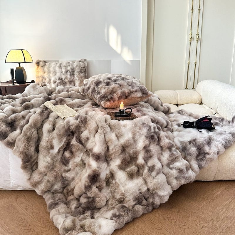 Tie Dye Rabbit Faux-Fur Blanket Throw in Brown & Beige