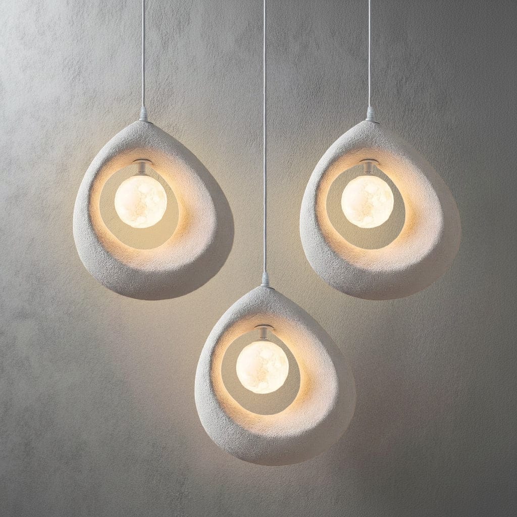 Circular Wabi Sabi Pendant Light in White & Charcoal Brass