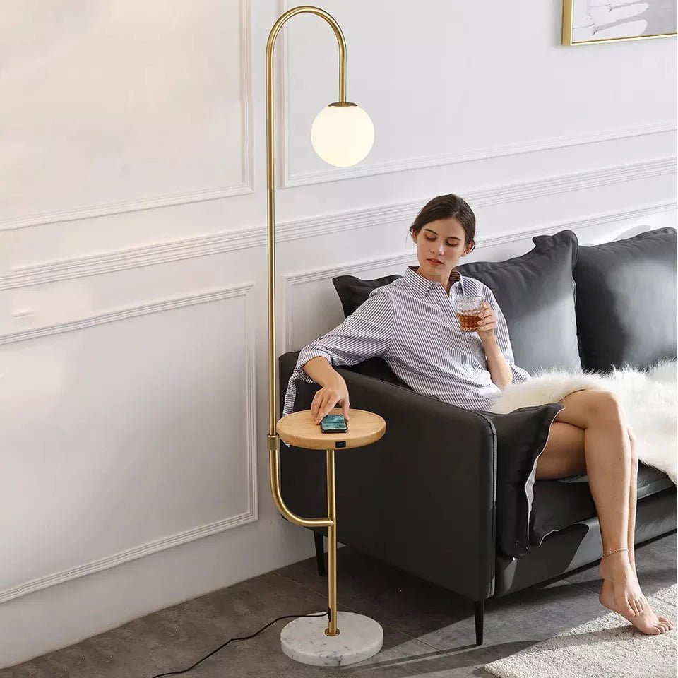 Hyde Floor Lamp with Side Table & Wireless Phone Charging in Dark Walnut Table