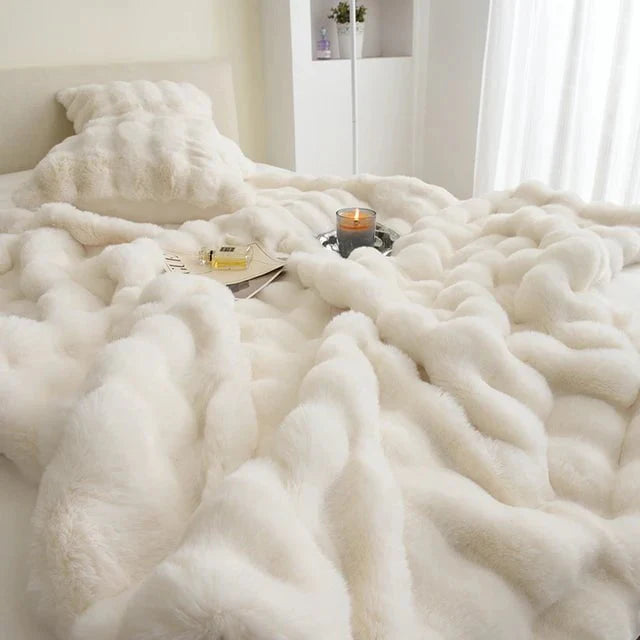 Rabbit Faux-Fur Blanket Throw in Sand & Smoke