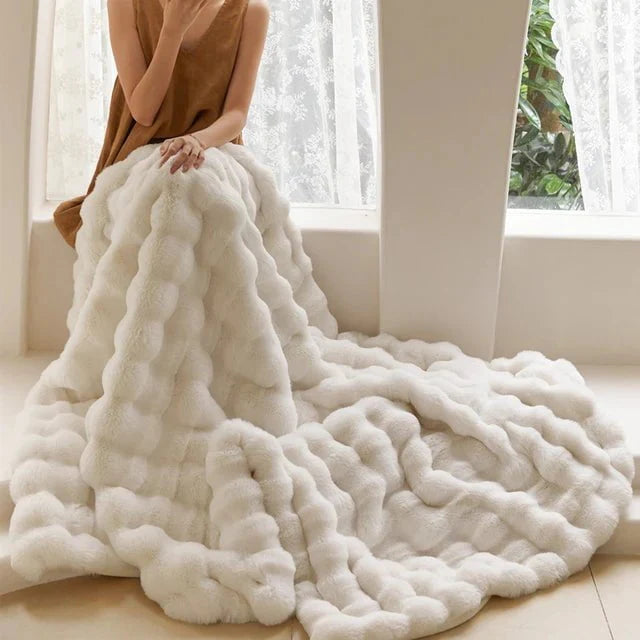 Rabbit Faux-Fur Blanket Throw in Sand & Smoke