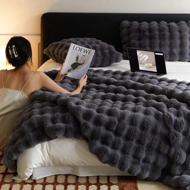 Rabbit Faux-Fur Blanket Throw in Sand & Smoke