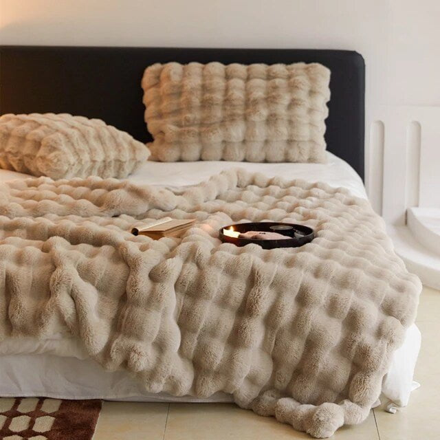 Rabbit Faux-Fur Blanket Throw in Sand & Smoke