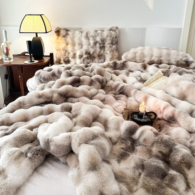 Tie Dye Rabbit Faux-Fur Blanket Throw in Brown & Beige