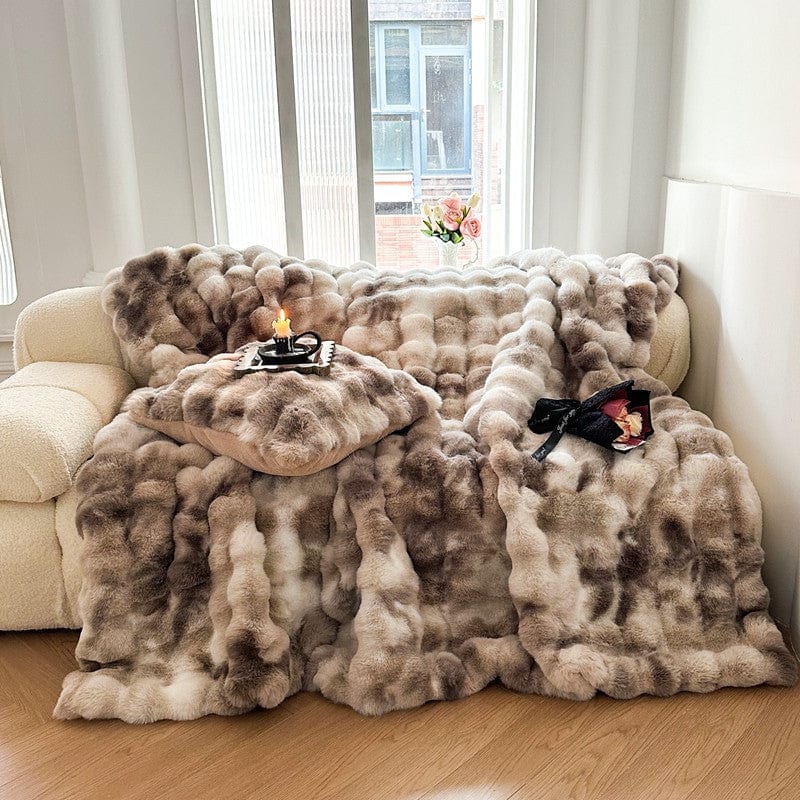Tie Dye Rabbit Faux-Fur Blanket Throw in Brown & Beige