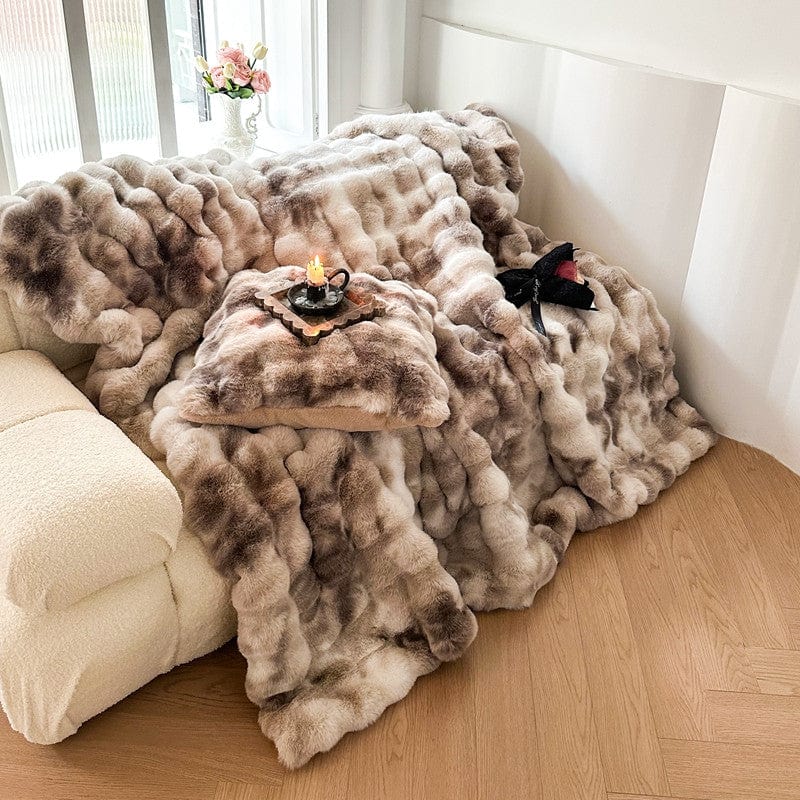 Tie Dye Rabbit Faux-Fur Blanket Throw in Brown & Beige