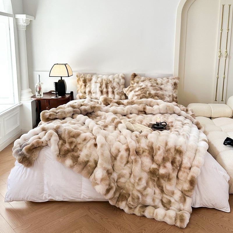 Tie Dye Rabbit Faux-Fur Blanket Throw in Brown & Beige