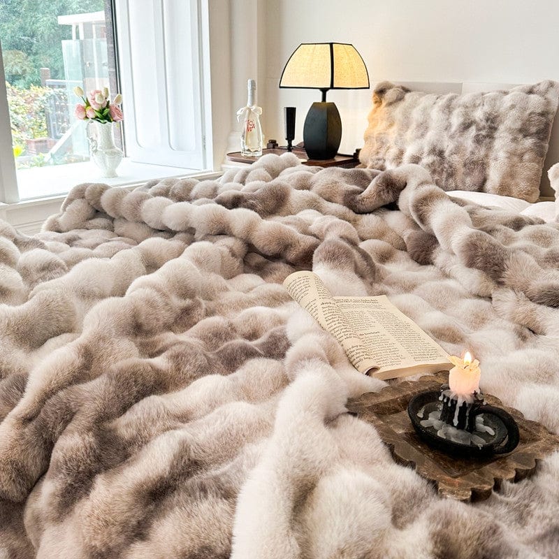 Tie Dye Rabbit Faux-Fur Blanket Throw in Brown & Beige