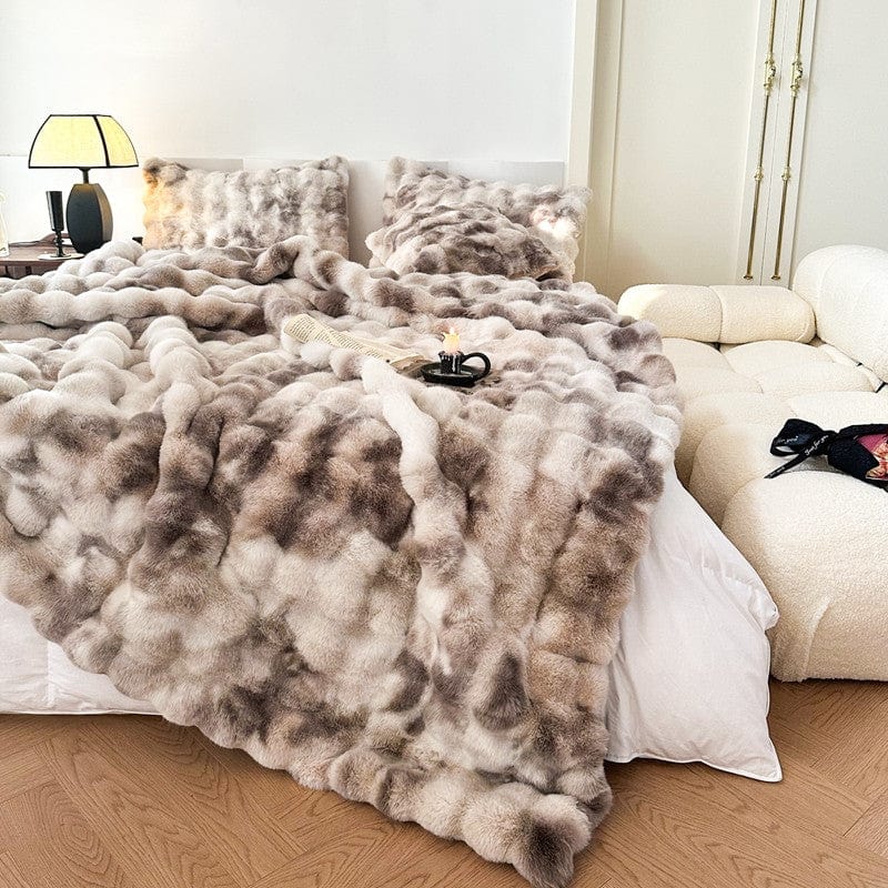 Tie Dye Rabbit Faux-Fur Blanket Throw in Brown & Beige