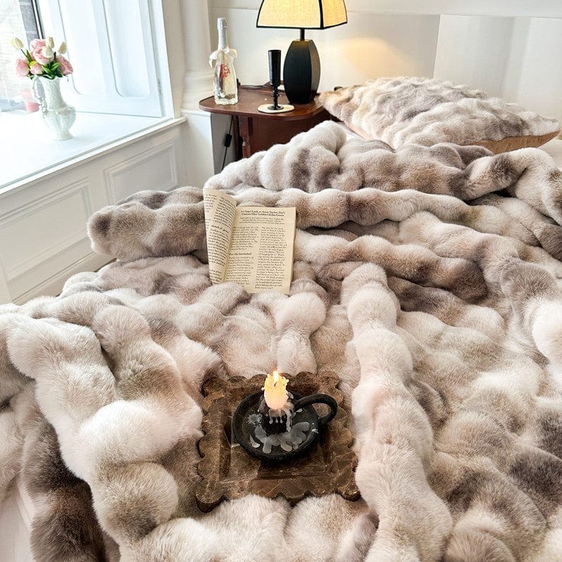 Tie Dye Rabbit Faux-Fur Blanket Throw in Brown & Beige