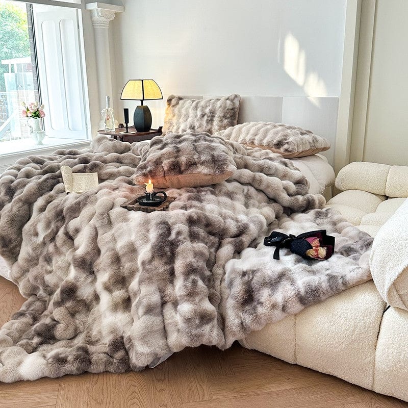 Tie Dye Rabbit Faux-Fur Blanket Throw in Brown & Beige