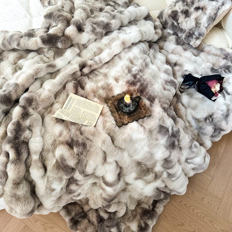 Tie Dye Rabbit Faux-Fur Blanket Throw in Brown & Beige