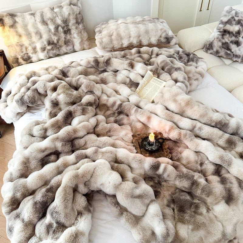 Tie Dye Rabbit Faux-Fur Blanket Throw in Brown & Beige