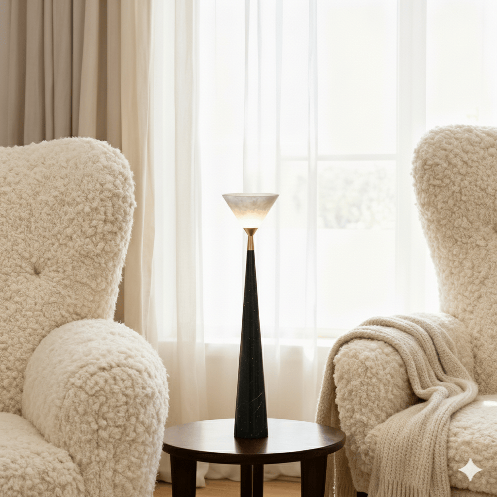 Zenith Table Lamp in Calacatta Marble & Dark Marble