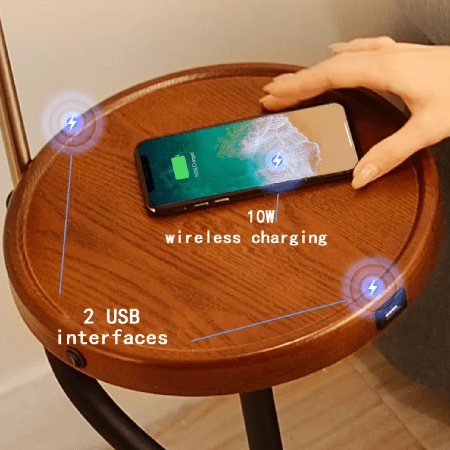 Hyde Floor Lamp with Side Table & Wireless Phone Charging in Dark Walnut Table