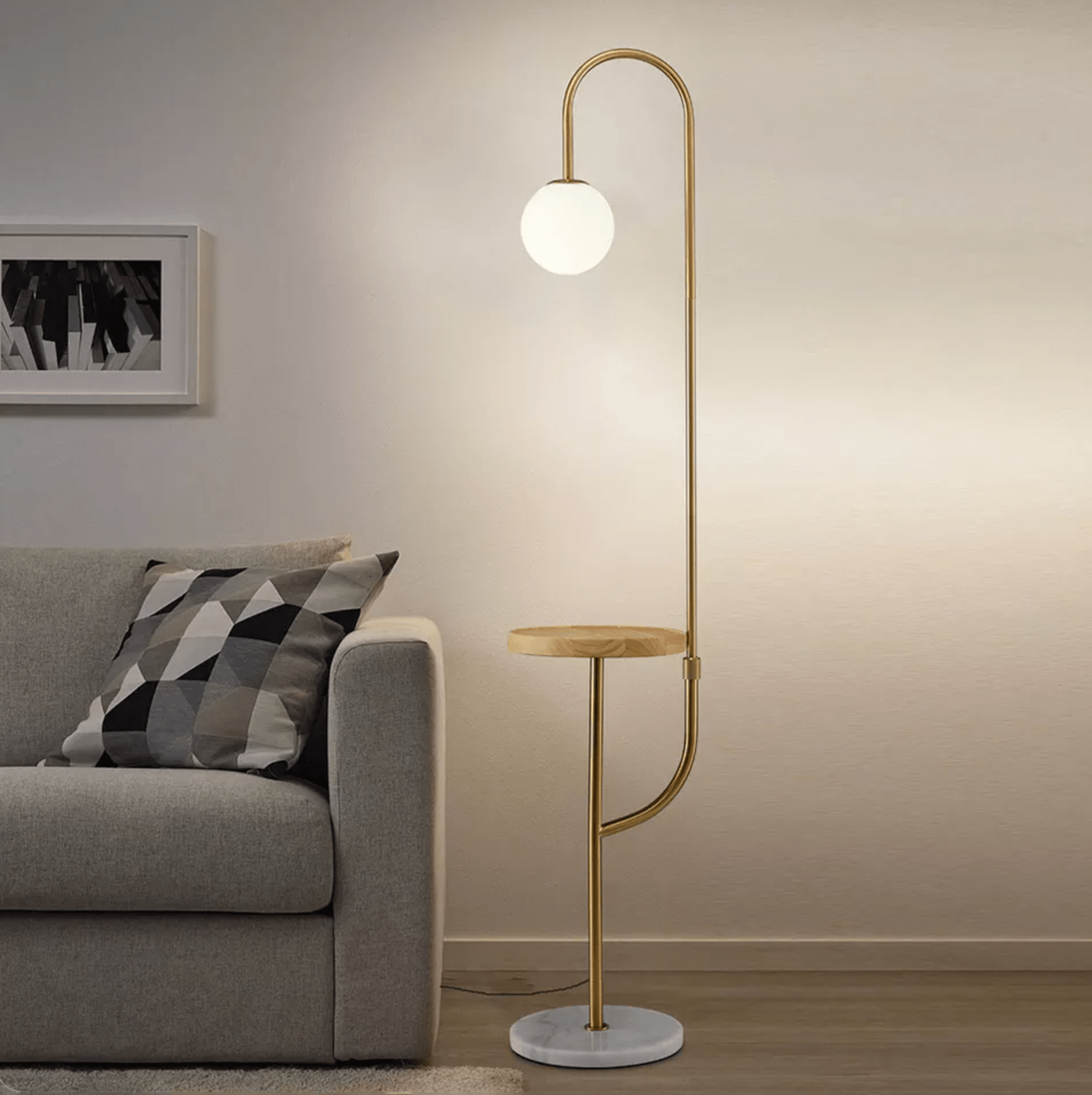 Hyde Floor Lamp with Side Table & Wireless Phone Charging in Dark Walnut Table