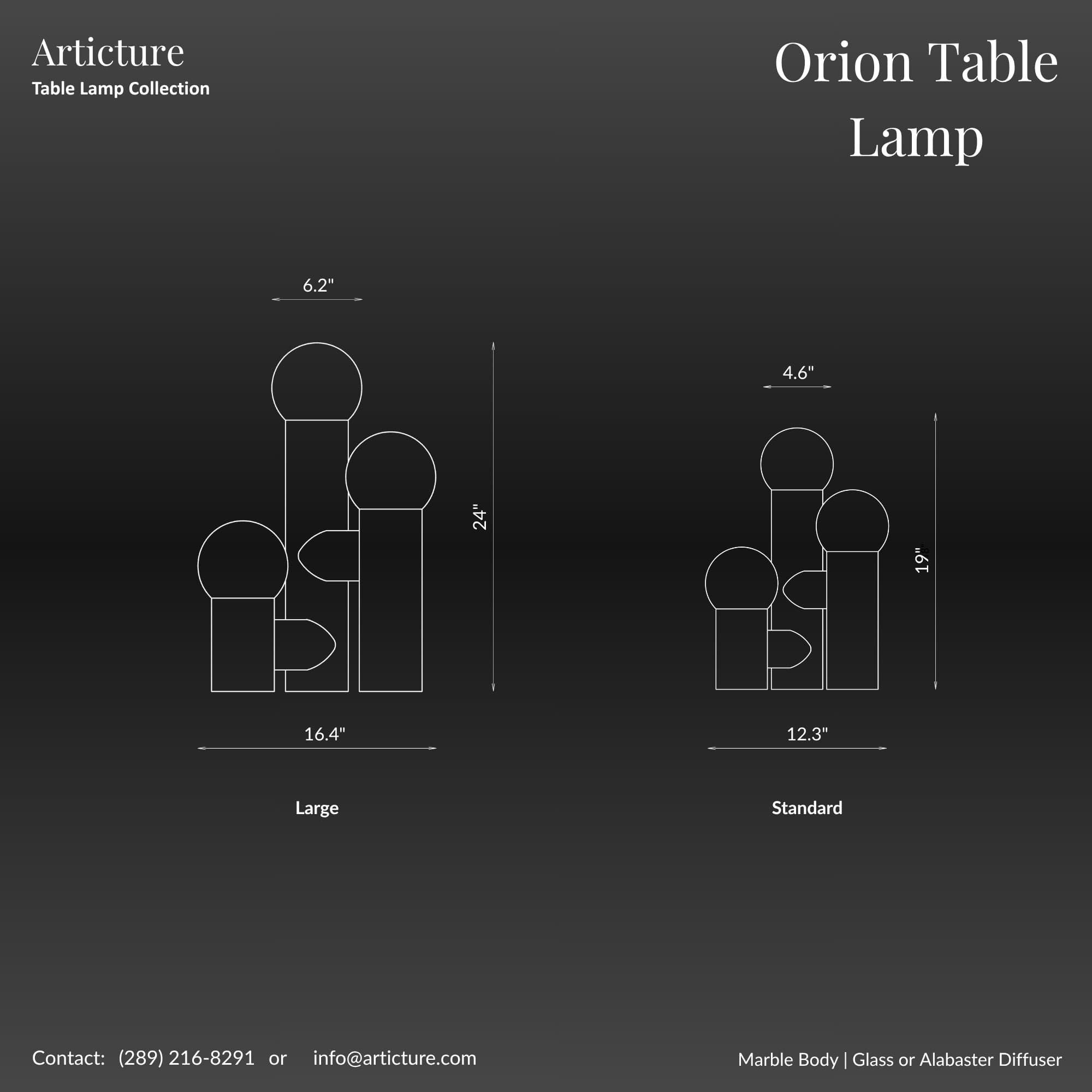 Orion Table Lamp in Calacatta Marble & Dark Marble