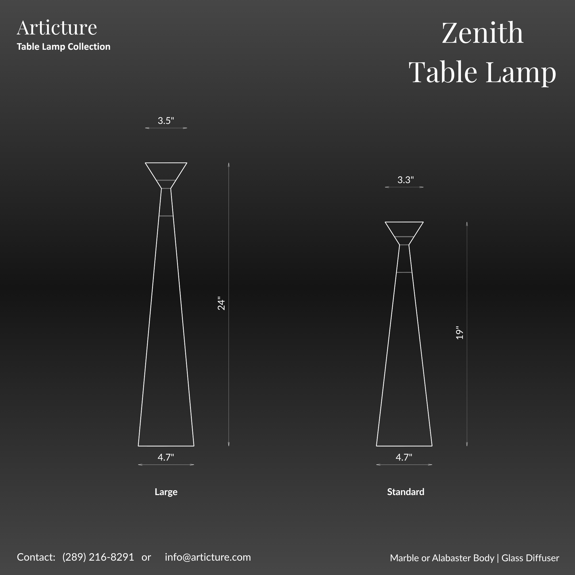 Zenith Table Lamp in Calacatta Marble & Dark Marble