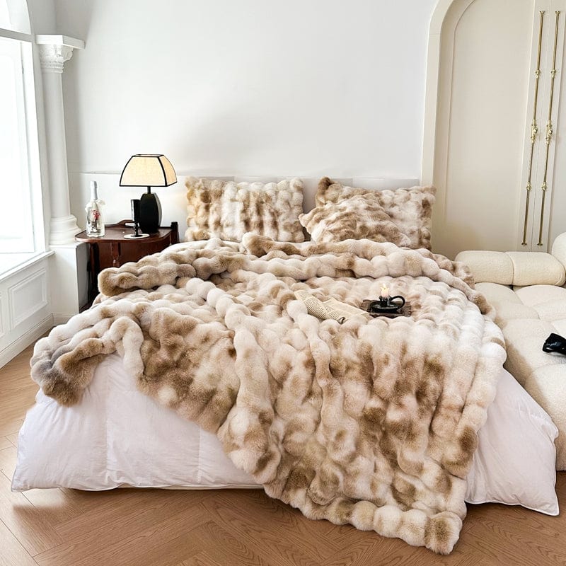 Tie Dye Rabbit Faux-Fur Blanket Throw in Brown & Beige