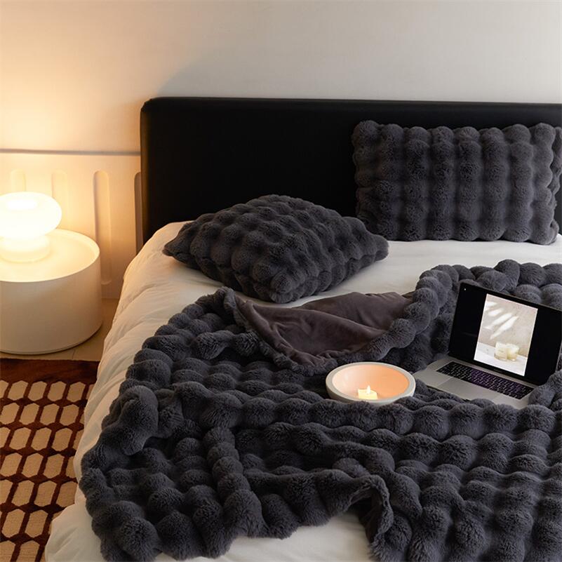 Rabbit Faux-Fur Blanket Throw in Sand & Smoke