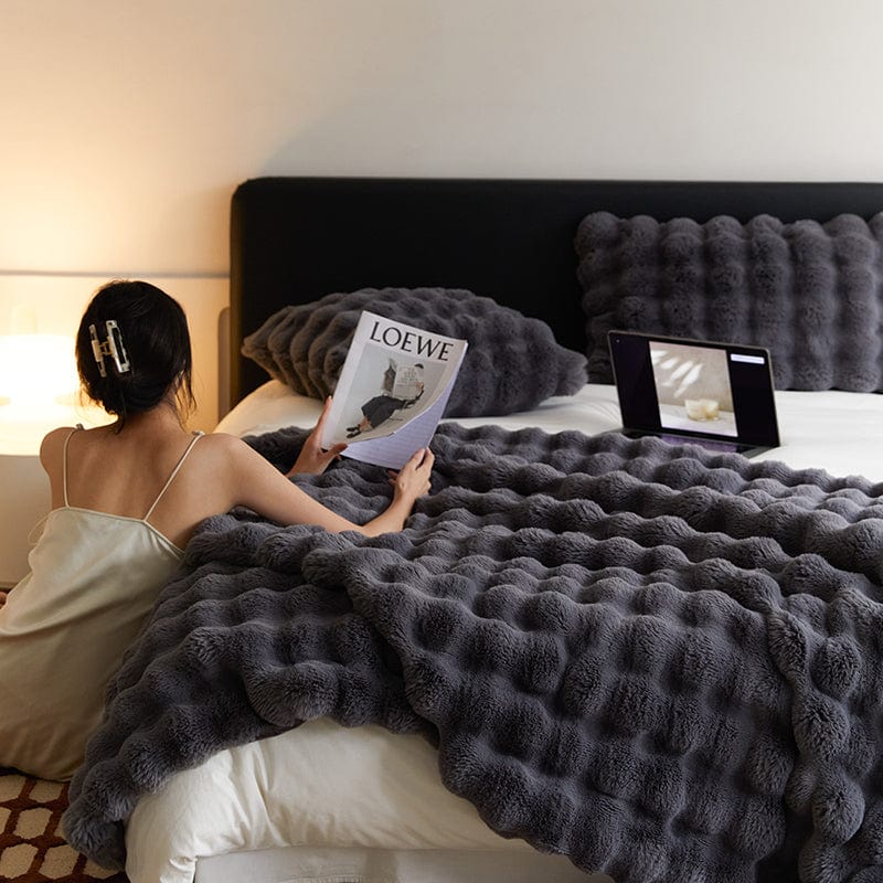 Rabbit Faux-Fur Blanket Throw in Sand & Smoke