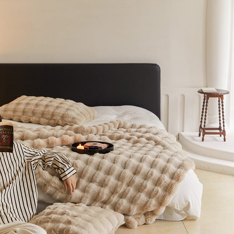 Rabbit Faux-Fur Blanket Throw in Sand & Smoke