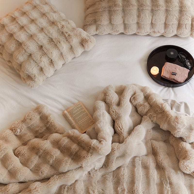 Rabbit Faux-Fur Blanket Throw in Sand & Smoke