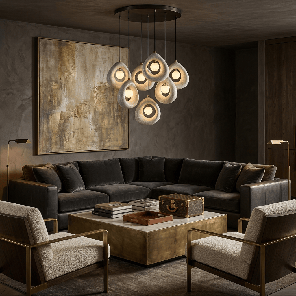 Circular Wabi Sabi Pendant Light in White & Charcoal Brass
