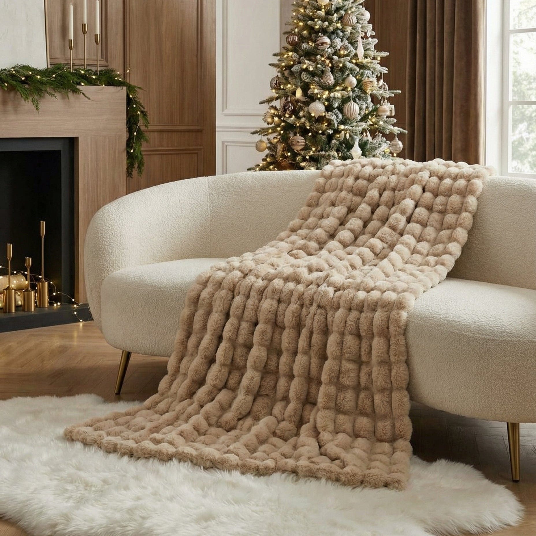 Rabbit Faux-Fur Blanket Throw in Sand & Smoke