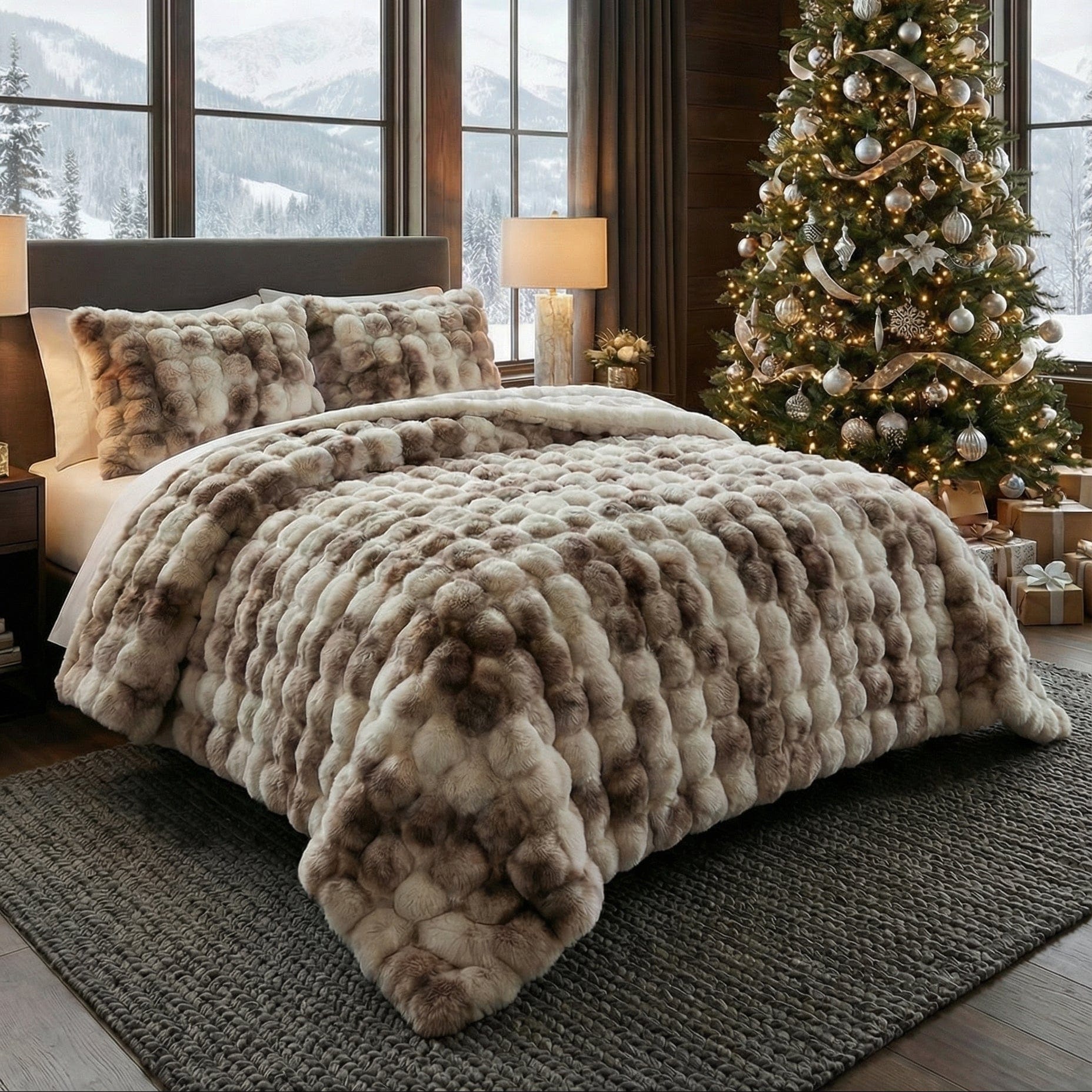 Tie Dye Rabbit Faux-Fur Blanket Throw in Brown & Beige