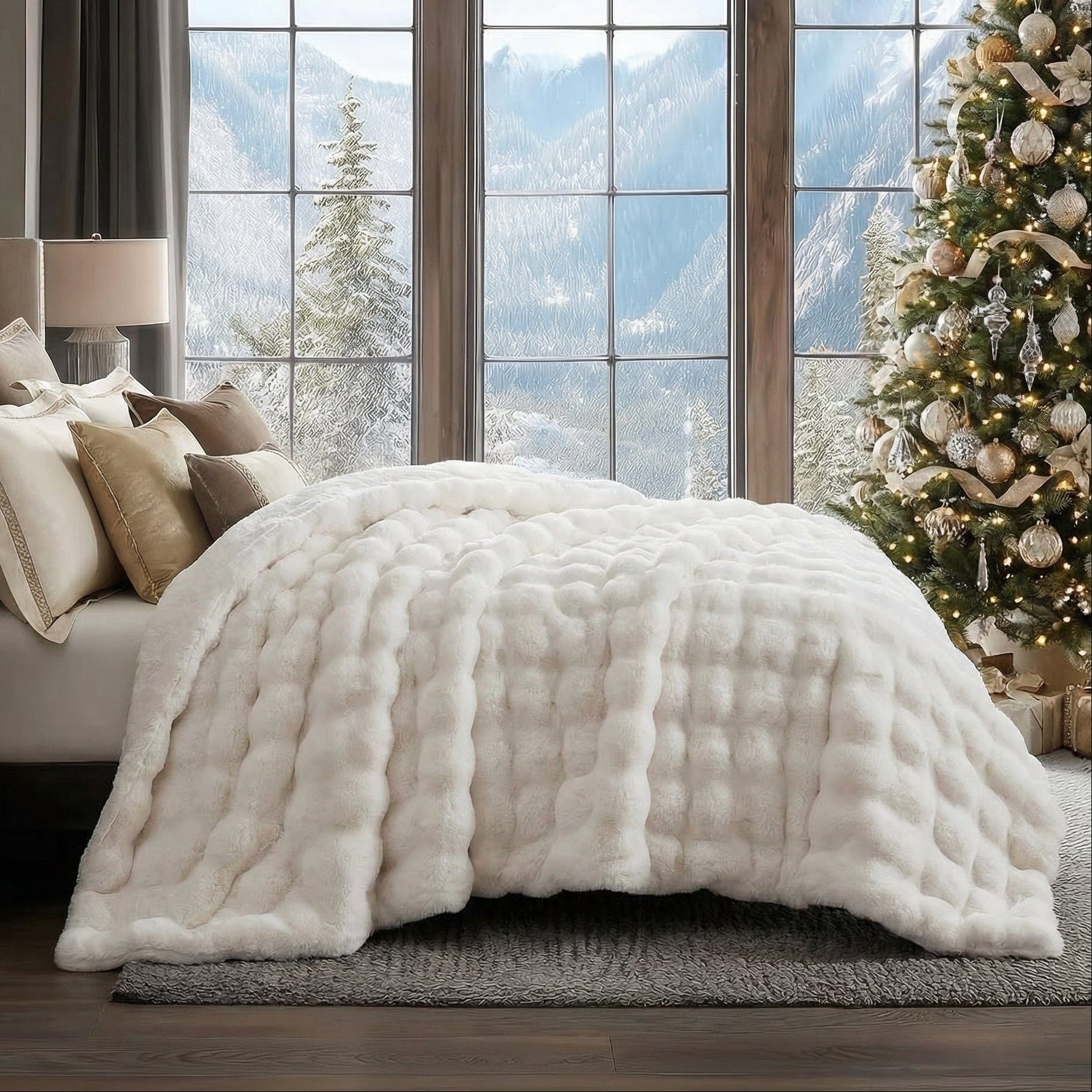 Rabbit Faux-Fur Blanket Throw in Sand & Smoke