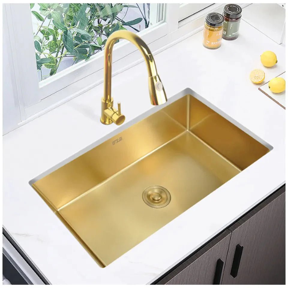 Tranquil Gold Brushed Single Bowl Above Counter Stainless Steel Bathroom Basin Sink - Viltara