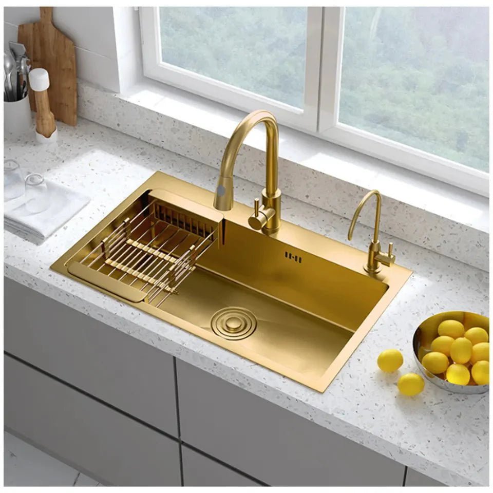 Tranquil Gold Brushed Single Bowl Above Counter Stainless Steel Bathroom Basin Sink - Viltara