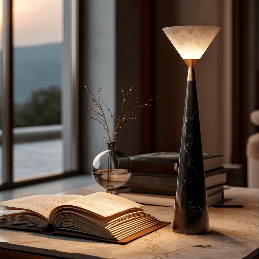 Zenith Table Lamp in Calacatta Marble & Dark Marble